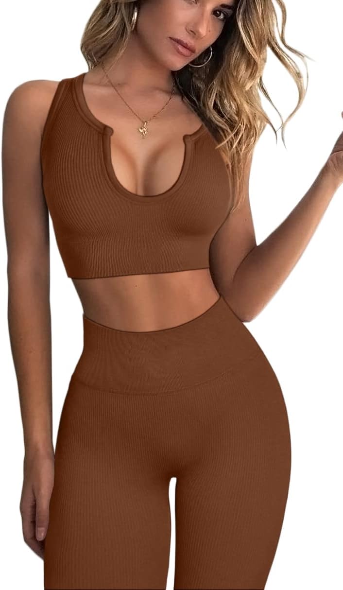 QINSEN Workout Outfits for Women 2 Piece Ribbed Seamless Crop Tank High Waist Yoga Leggings Sets - Image 11