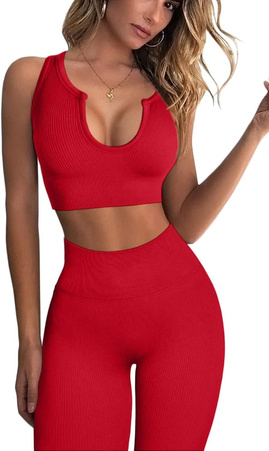 QINSEN Workout Outfits for Women 2 Piece Ribbed Seamless Crop Tank High Waist Yoga Leggings Sets - Image 22
