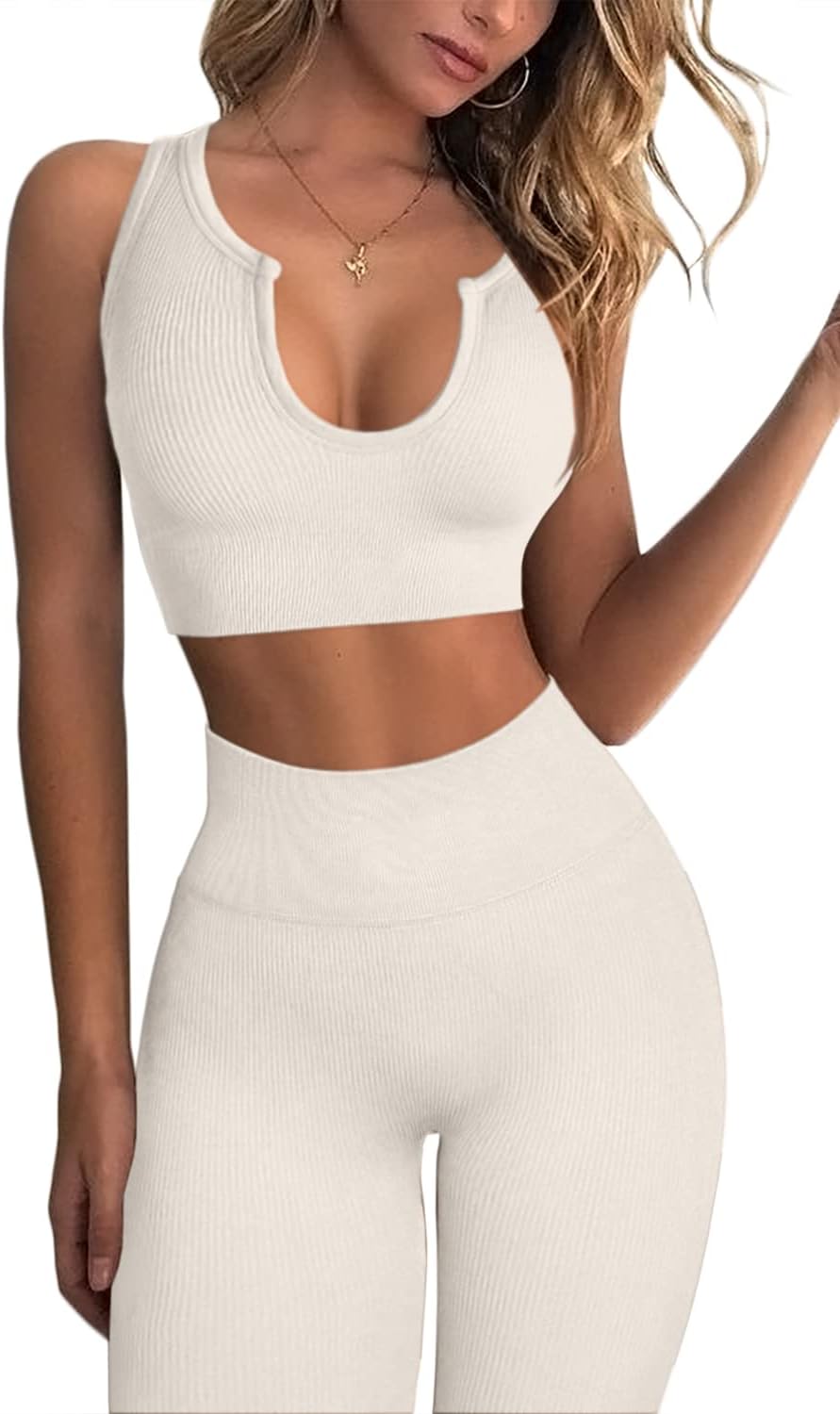 QINSEN Workout Outfits for Women 2 Piece Ribbed Seamless Crop Tank High Waist Yoga Leggings Sets - Image 16