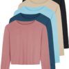 Real Essentials 5 Pack: Women's Dry Fit Crop Top - Long Sleeve Crew Neck Stretch Athletic Tee (Available in Plus Size)