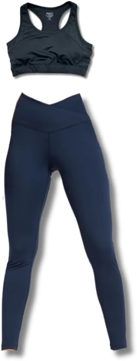 RIYU High Impact Sports Bra and Crossover Leggings Women's Workout Clothes for Gym Activewear I Petite Sizes Black (Large)