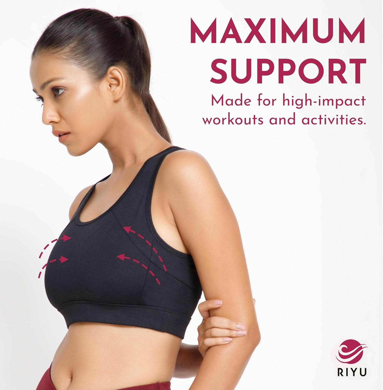 RIYU High Impact Sports Bra and Crossover Leggings Women's Workout Clothes for Gym Activewear I Petite Sizes Black (Large) - Image 5