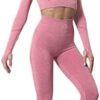 Seamless Leggings Women Yoga Set Gym Clothing Long Sleeve Crop Top Sports Bra Of Luxury Wear - Pink