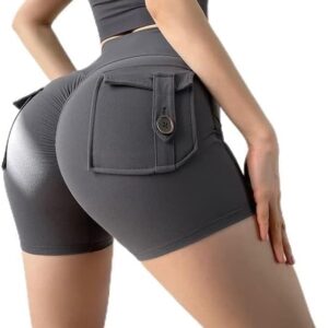 Women Sport High Waist Tights Buttocks Fitness Workout Leggings Push Up Cycling Shorts Gym Clothing with Pocket (as1, Waist, Numeric_48, Short, Gray, Small, Fitted)