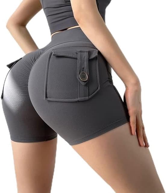 Women Sport High Waist Tights Buttocks Fitness Workout Leggings Push Up Cycling Shorts Gym Clothing with Pocket (as1, Waist, Numeric_48, Short, Gray, Small, Fitted)