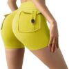 Women Sport High Waist Tights Buttocks Fitness Workout Leggings Push Up Cycling Shorts Gym Clothing with Pocket (as1, Waist, Numeric_56, Short, Yellow, Large, Fitted)