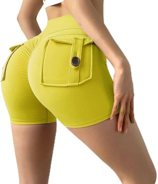 Women Sport High Waist Tights Buttocks Fitness Workout Leggings Push Up Cycling Shorts Gym Clothing with Pocket (as1, Waist, Numeric_56, Short, Yellow, Large, Fitted)