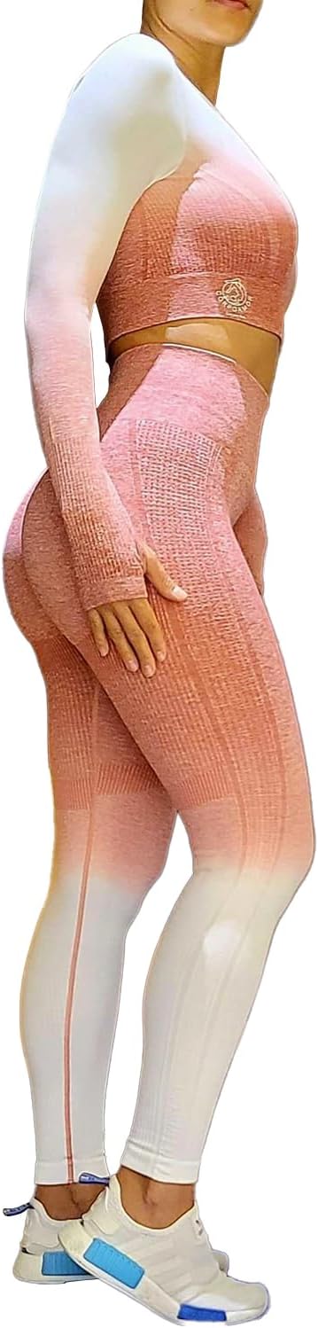 Women's Fitness Clothing Outfit and Yoga Workout Set Crop Top and High Waisted Leggings Ombre Gradient 2 Piece Set - Image 2