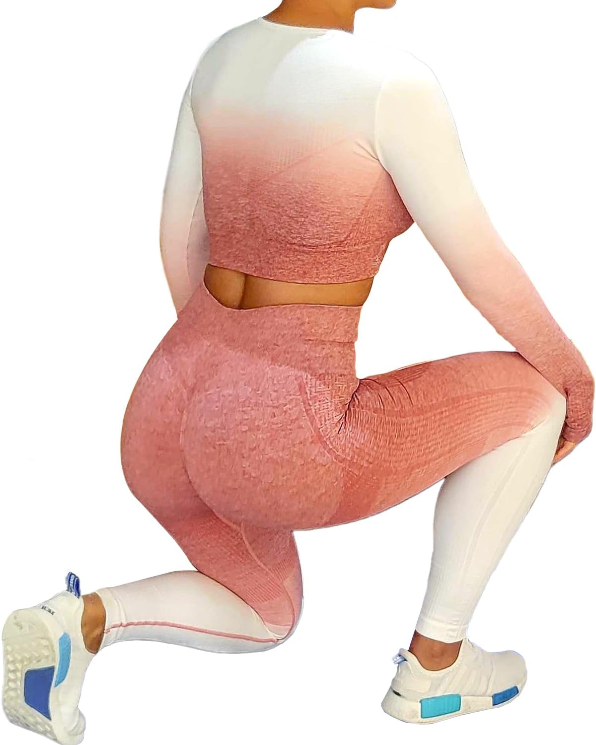 Women's Fitness Clothing Outfit and Yoga Workout Set Crop Top and High Waisted Leggings Ombre Gradient 2 Piece Set - Image 3