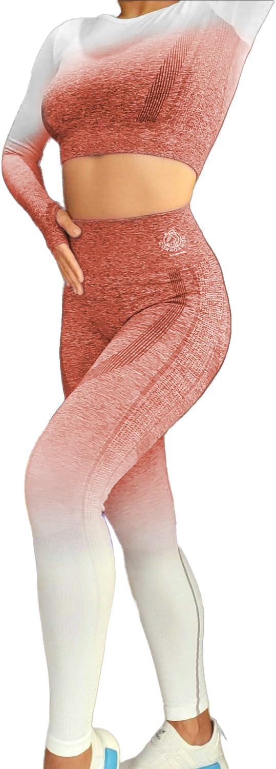 Women's Fitness Clothing Outfit and Yoga Workout Set Crop Top and High Waisted Leggings Ombre Gradient 2 Piece Set - Image 4