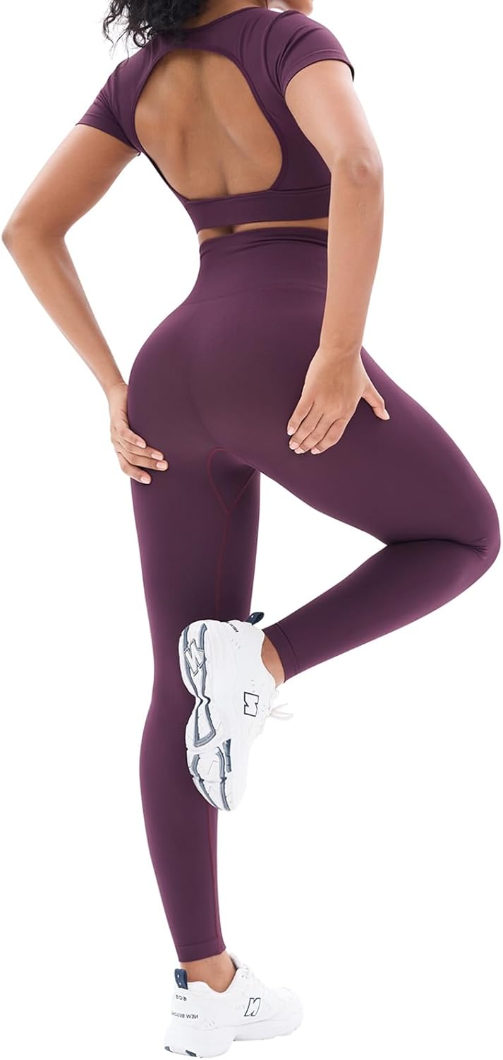 Womens Seamless Workout Sets 2 Piece Open Back Crop Tops High Waist Leggings Yoga Outfits Gym Clothes Sets (L085 Purple M) - Image 4
