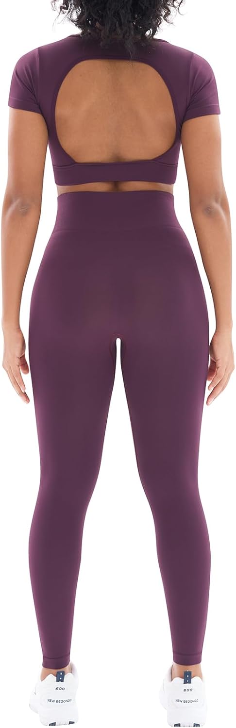 Womens Seamless Workout Sets 2 Piece Open Back Crop Tops High Waist Leggings Yoga Outfits Gym Clothes Sets (L085 Purple M) - Image 3