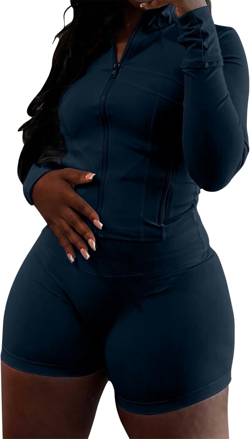 Womens Workout Sets 2 Piece Outfits Zip Jacket Biker Shorts Sweatsuit Gym Clothes Track Suits - Image 19