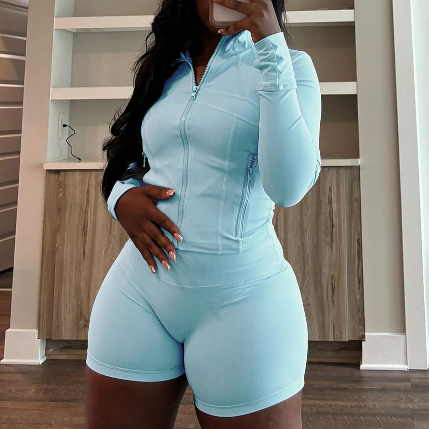 Womens Workout Sets 2 Piece Outfits Zip Jacket Biker Shorts Sweatsuit Gym Clothes Track Suits - Image 4