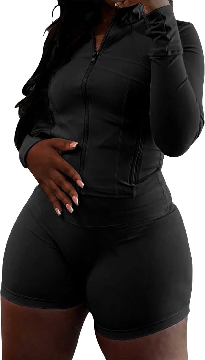 Womens Workout Sets 2 Piece Outfits Zip Jacket Biker Shorts Sweatsuit Gym Clothes Track Suits - Image 15