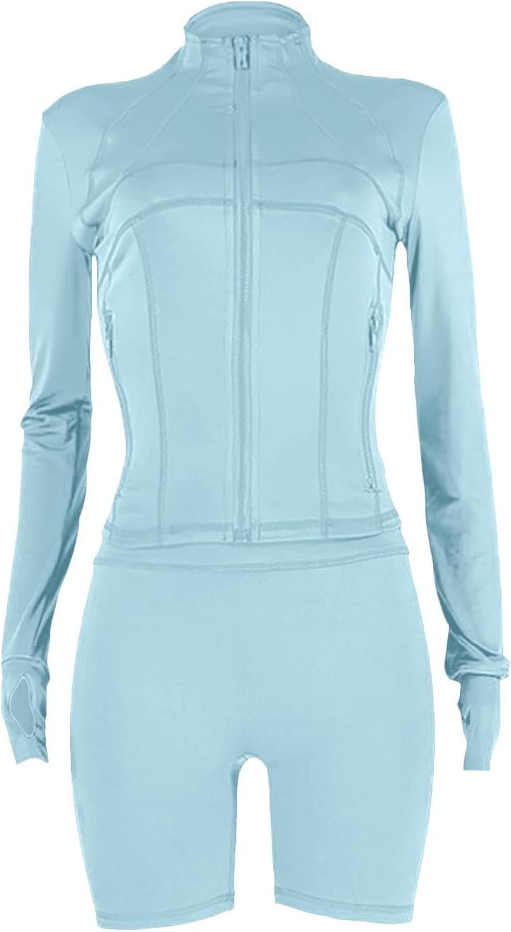 Womens Workout Sets 2 Piece Outfits Zip Jacket Biker Shorts Sweatsuit Gym Clothes Track Suits - Image 2