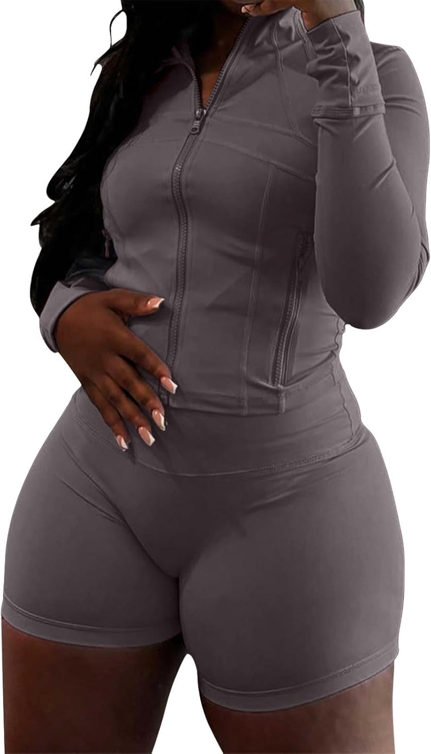 Womens Workout Sets 2 Piece Outfits Zip Jacket Biker Shorts Sweatsuit Gym Clothes Track Suits - Image 18