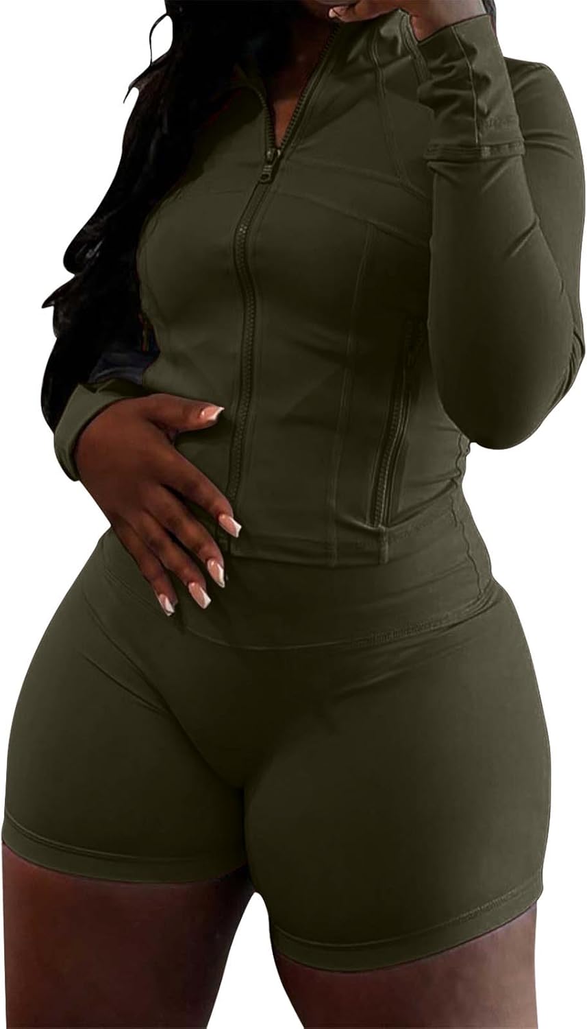 Womens Workout Sets 2 Piece Outfits Zip Jacket Biker Shorts Sweatsuit Gym Clothes Track Suits - Image 16