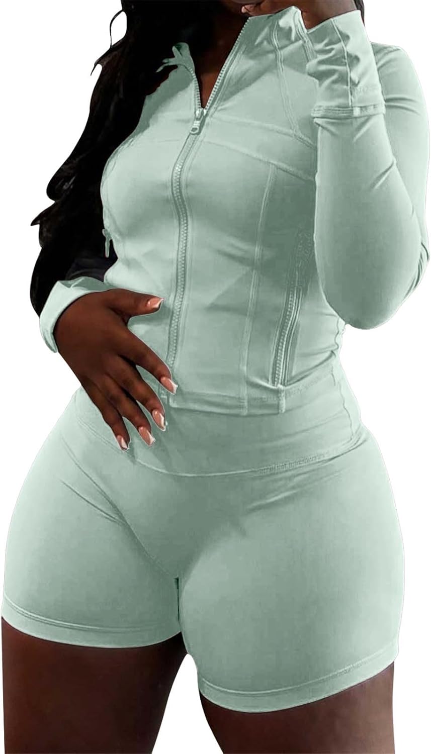 Womens Workout Sets 2 Piece Outfits Zip Jacket Biker Shorts Sweatsuit Gym Clothes Track Suits - Image 10