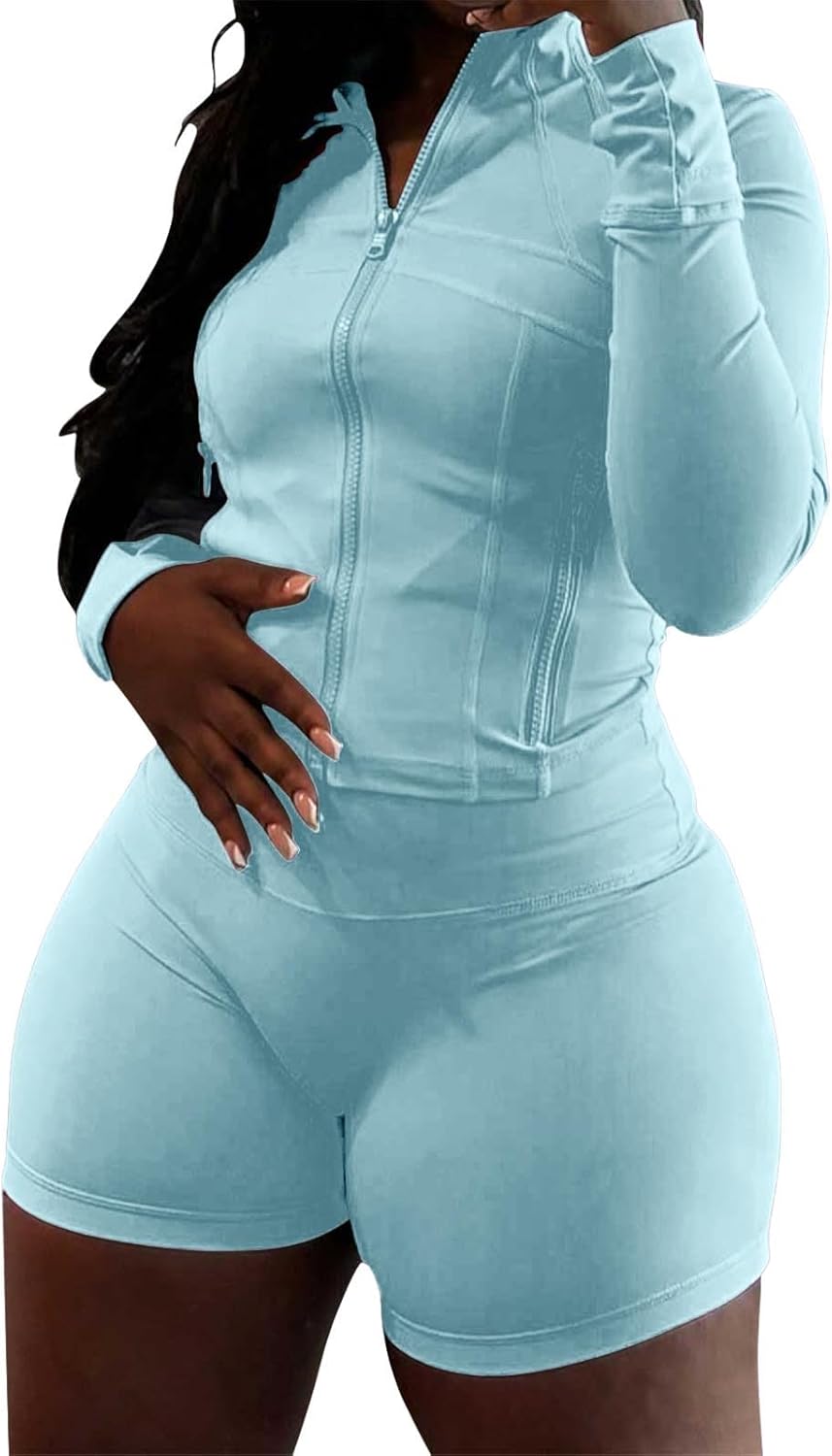 Womens Workout Sets 2 Piece Outfits Zip Jacket Biker Shorts Sweatsuit Gym Clothes Track Suits