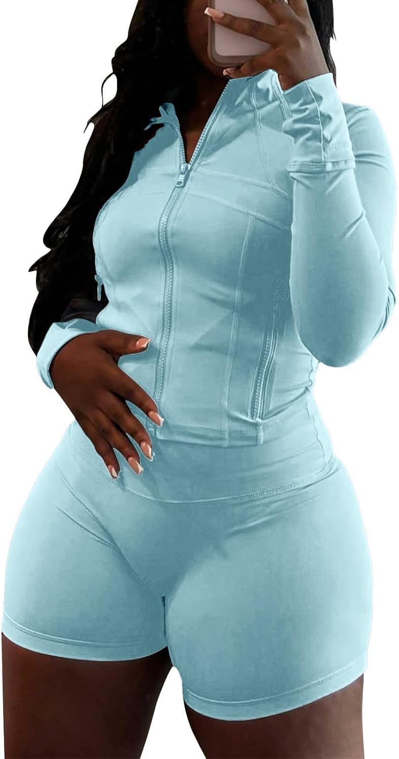 Womens Workout Sets 2 Piece Outfits Zip Jacket Biker Shorts Sweatsuit Gym Clothes Track Suits - Image 7
